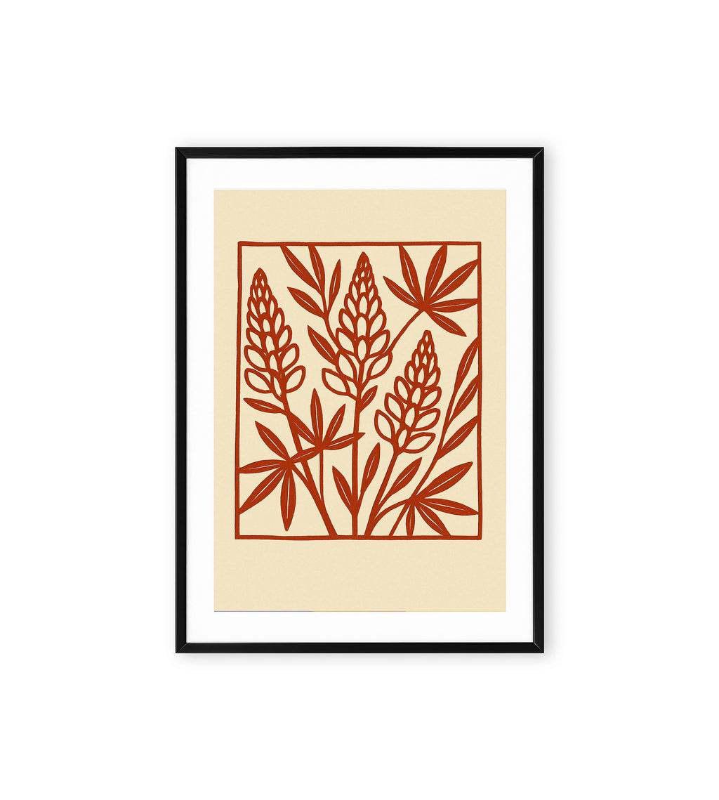 Red flower painting in linocut style on beige background.