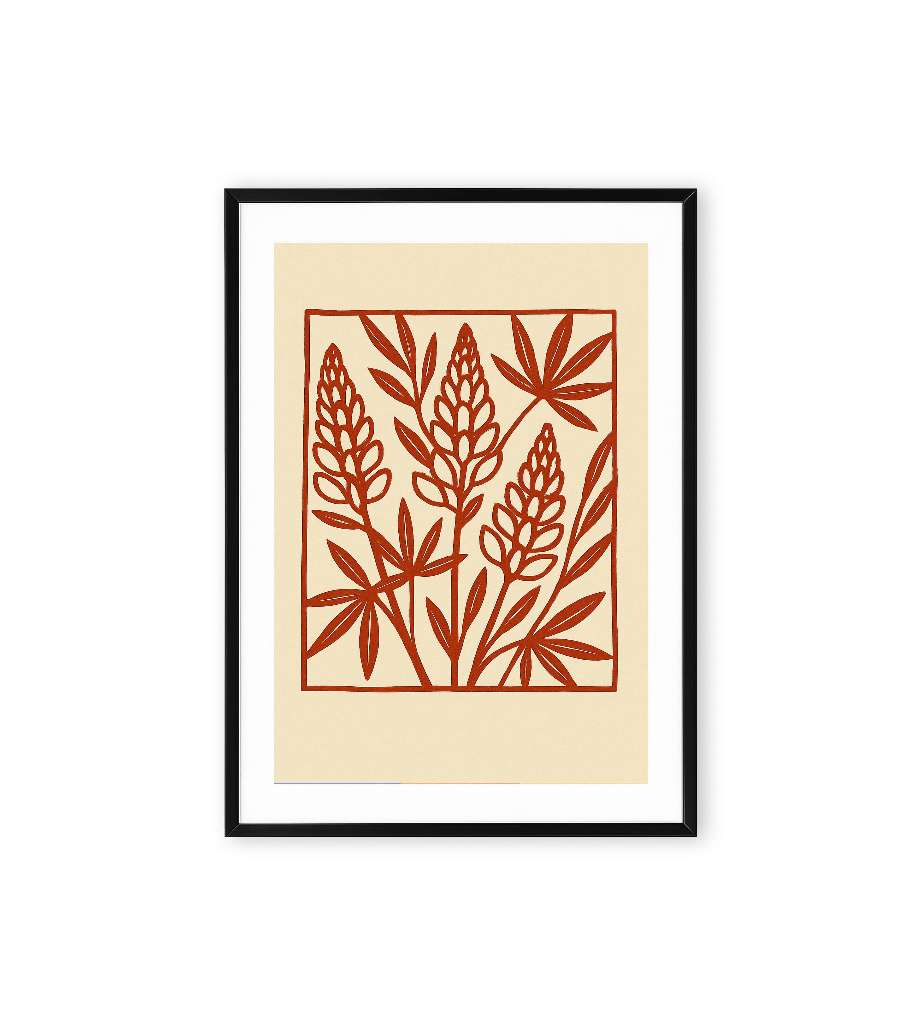 Red flower painting in linocut style on beige background.