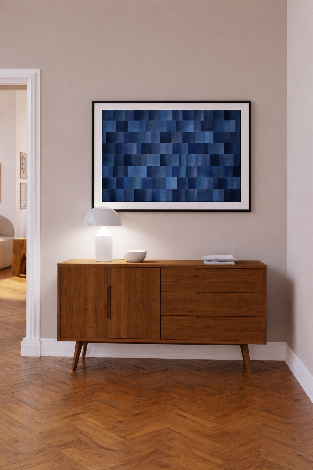 Modern blue grid pattern framed wall art