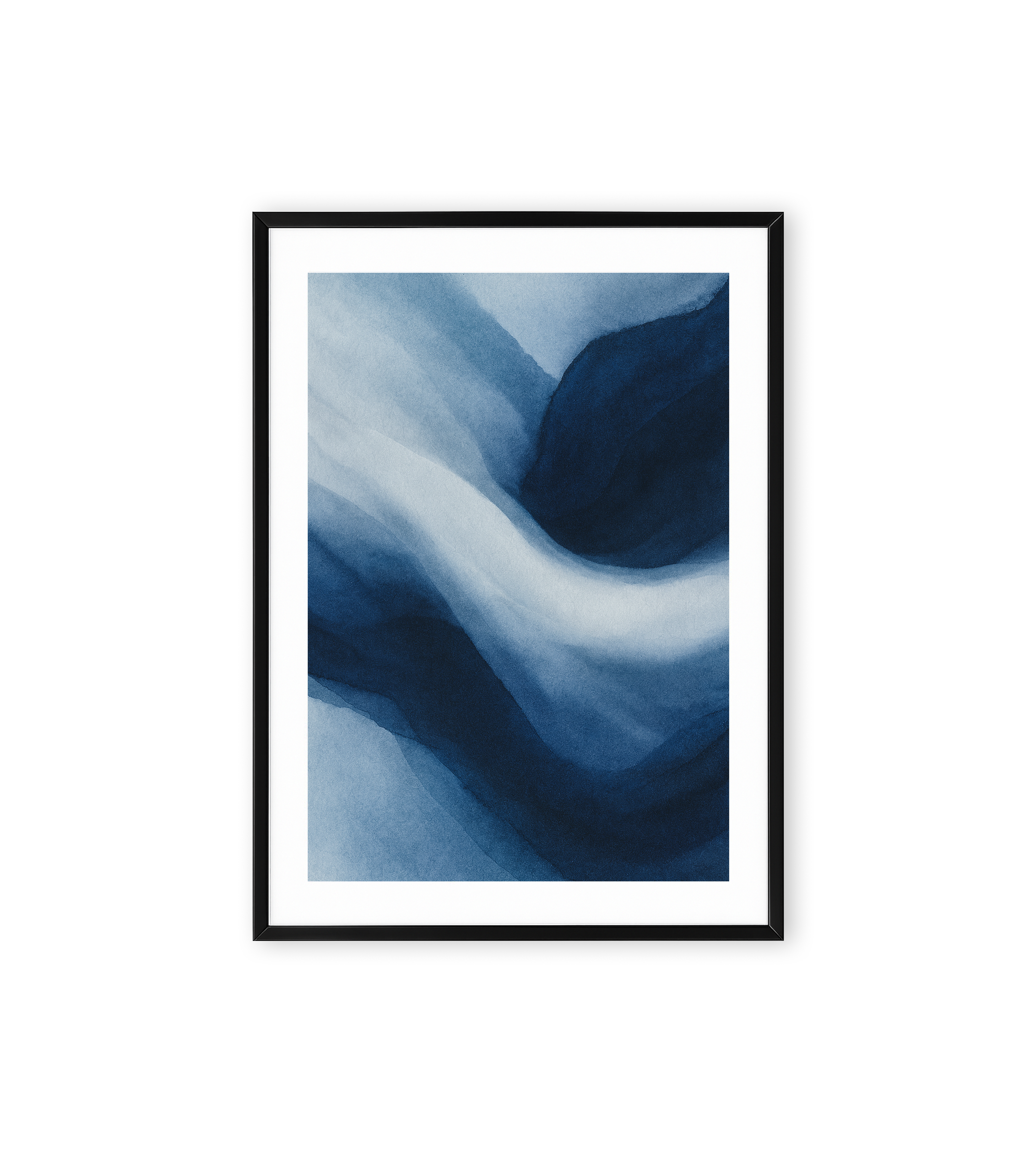 Abstract watercolor painting with layered flowing shapes in deep navy and soft blue tones.