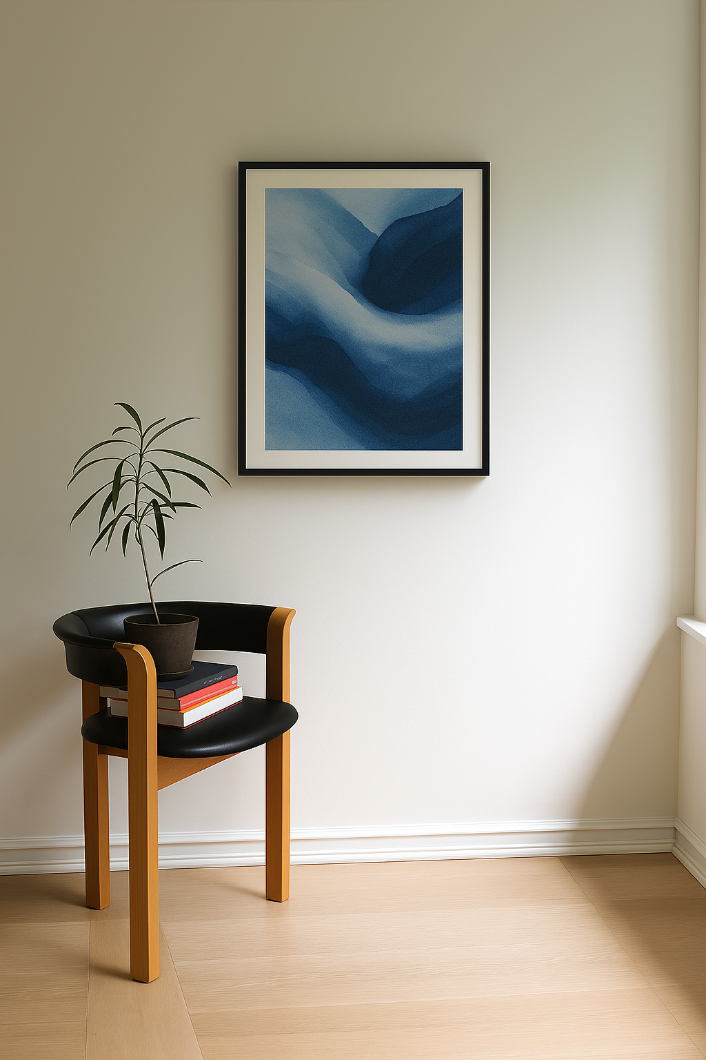 Abstract watercolor painting with layered flowing shapes in deep navy and soft blue tones.