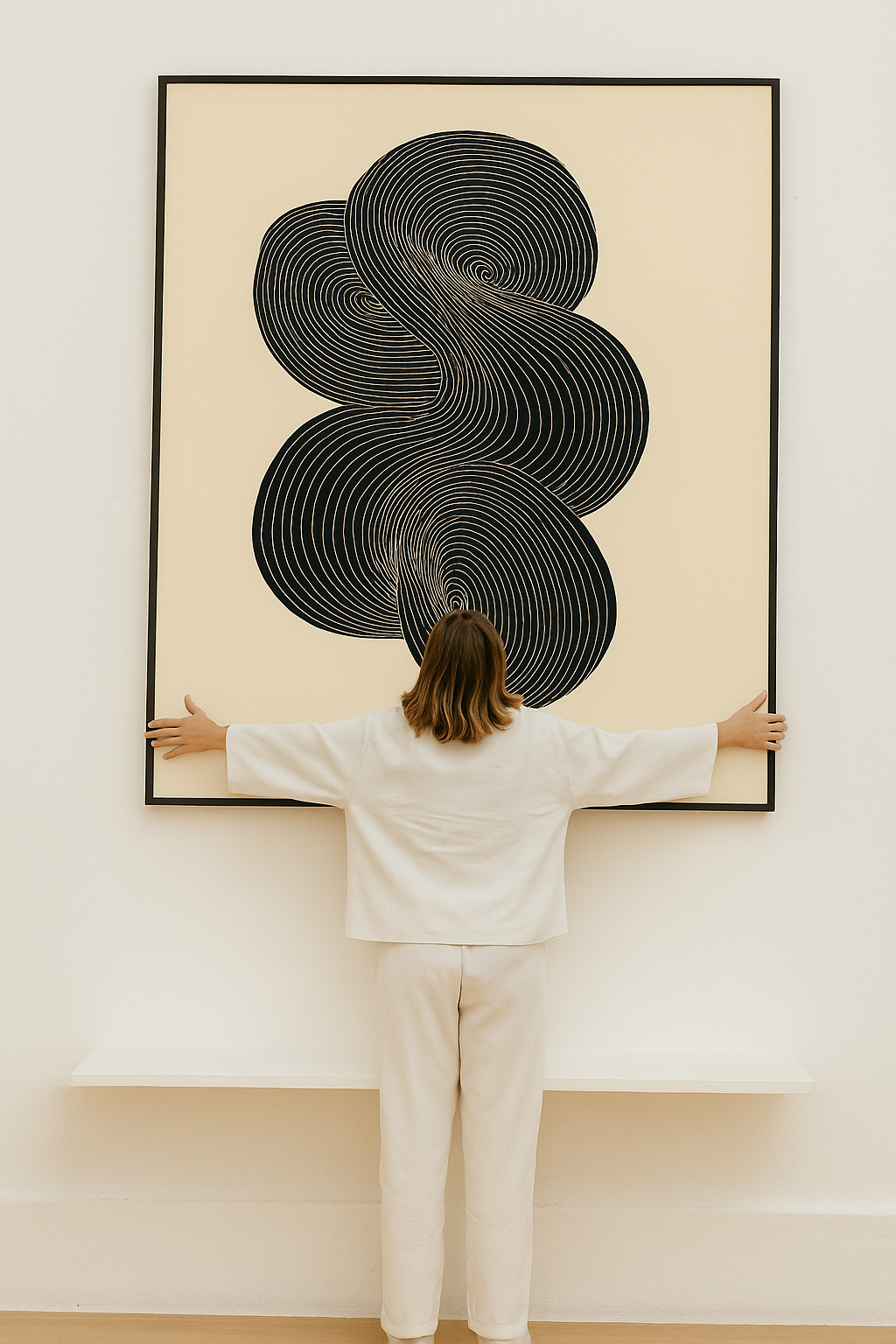 Abstract black spiral line art on beige background.