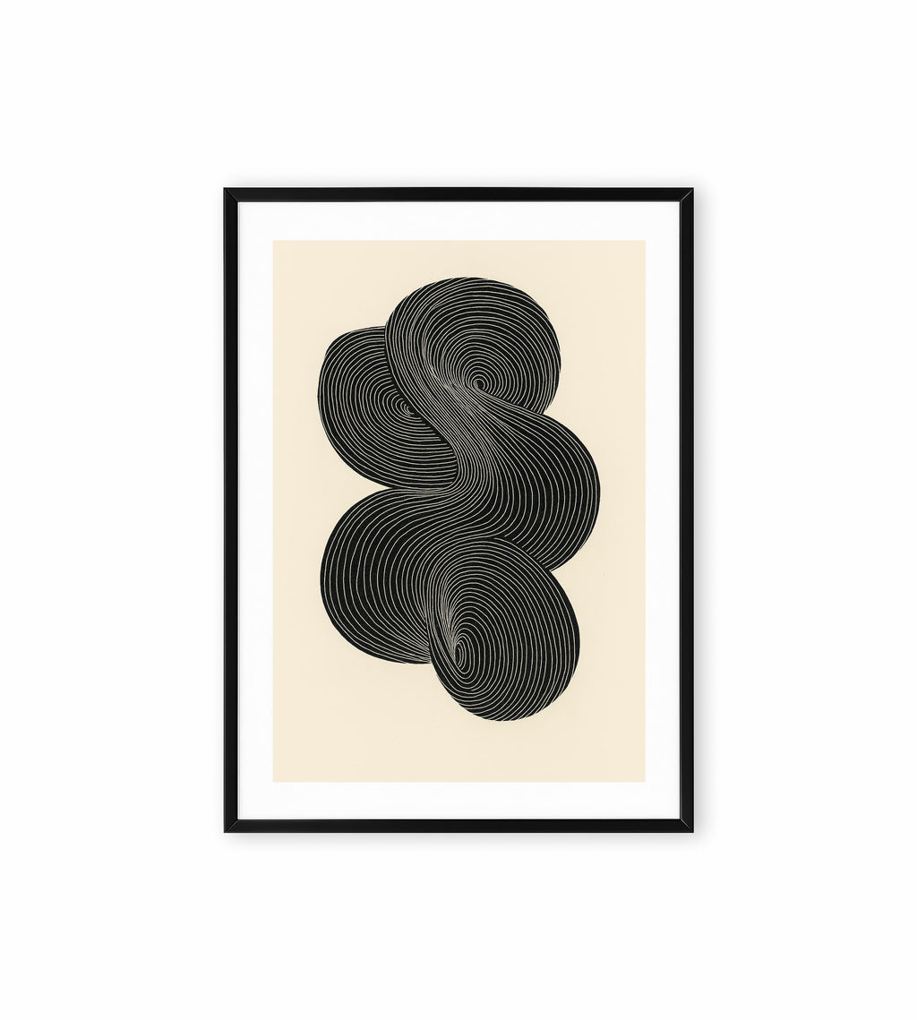 Abstract black spiral line art on beige background.