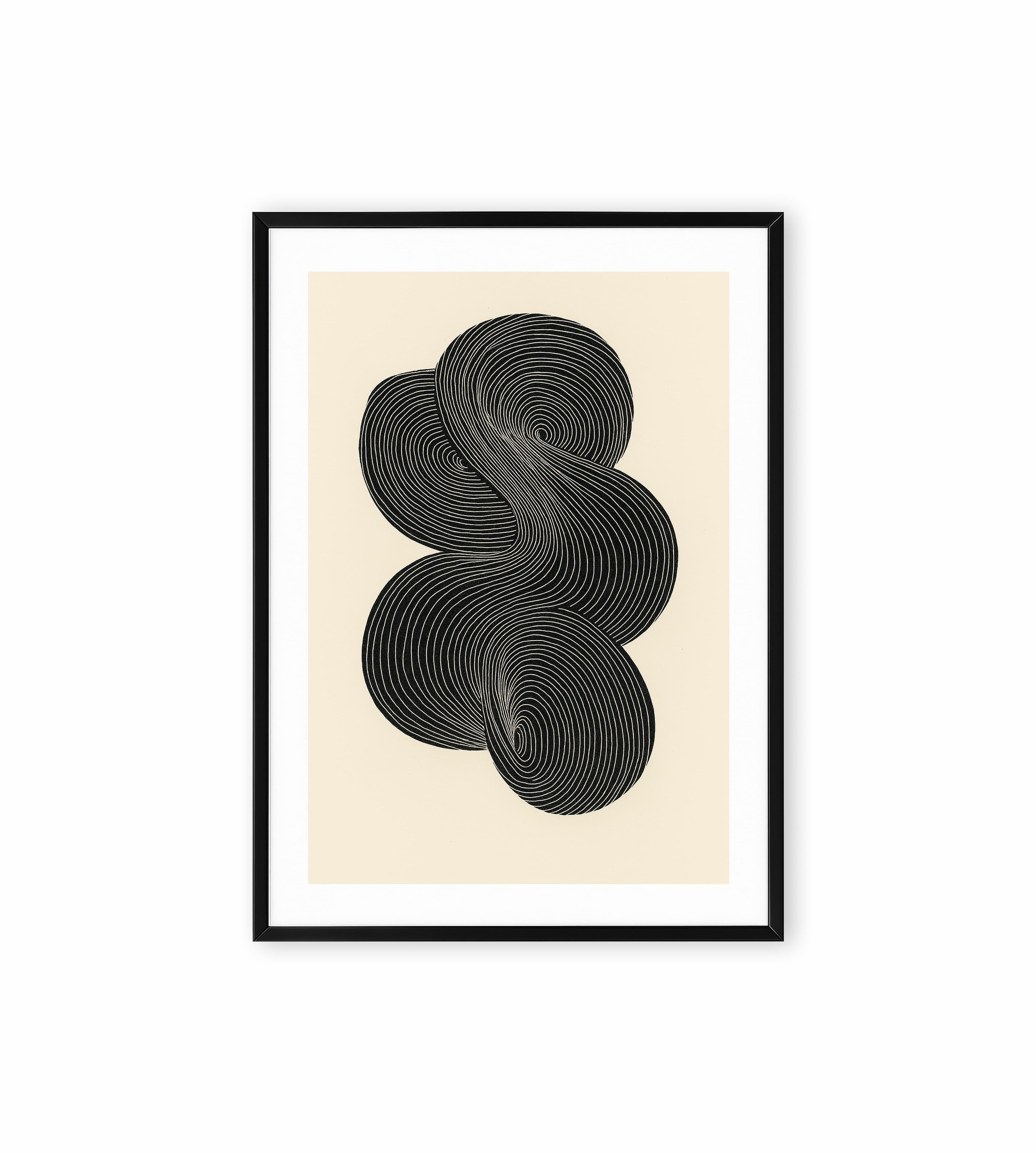 Abstract black spiral line art on beige background.