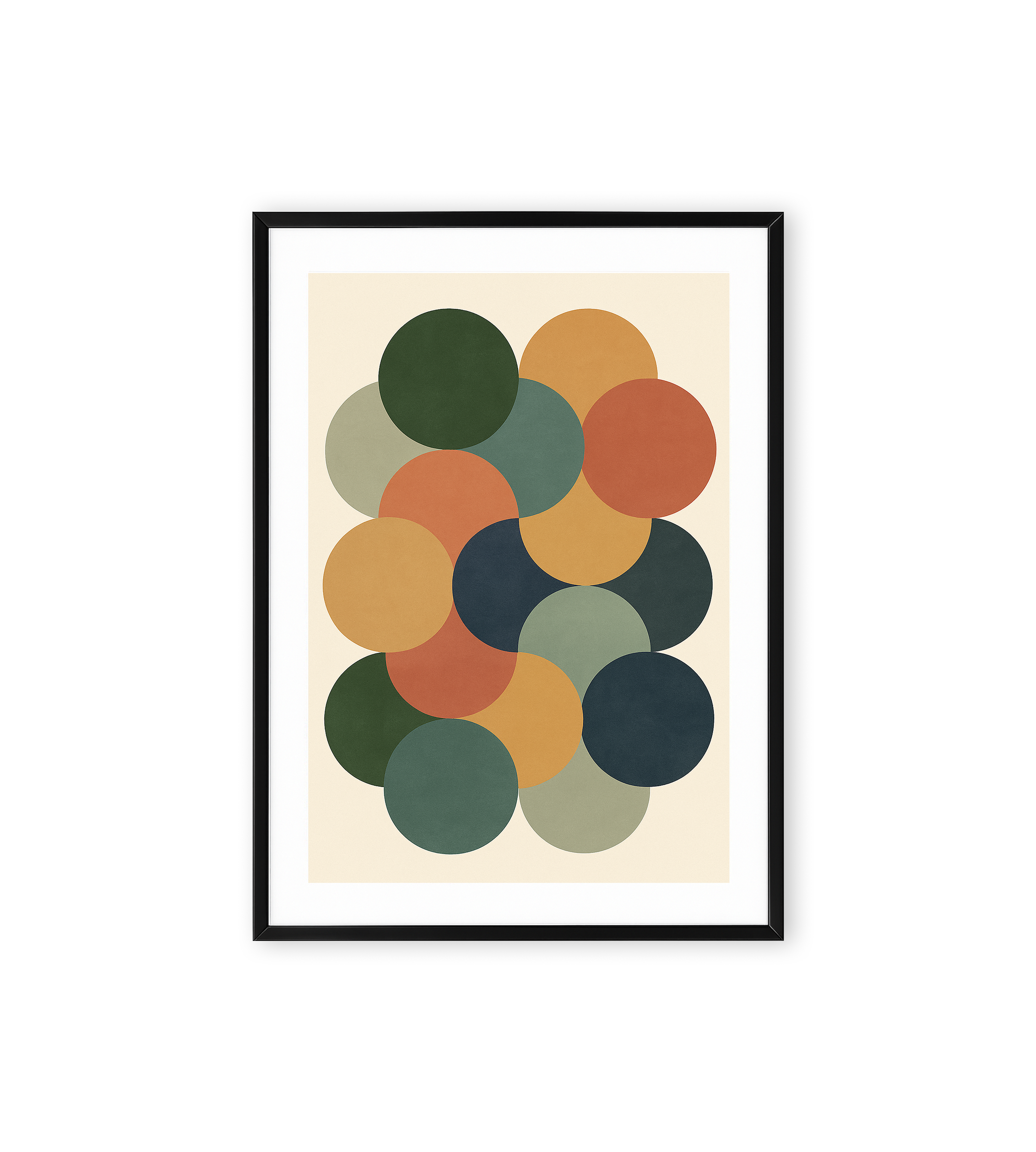 Abstract geometric art with overlapping circles in green, orange, mustard, navy, and sage on a cream background.