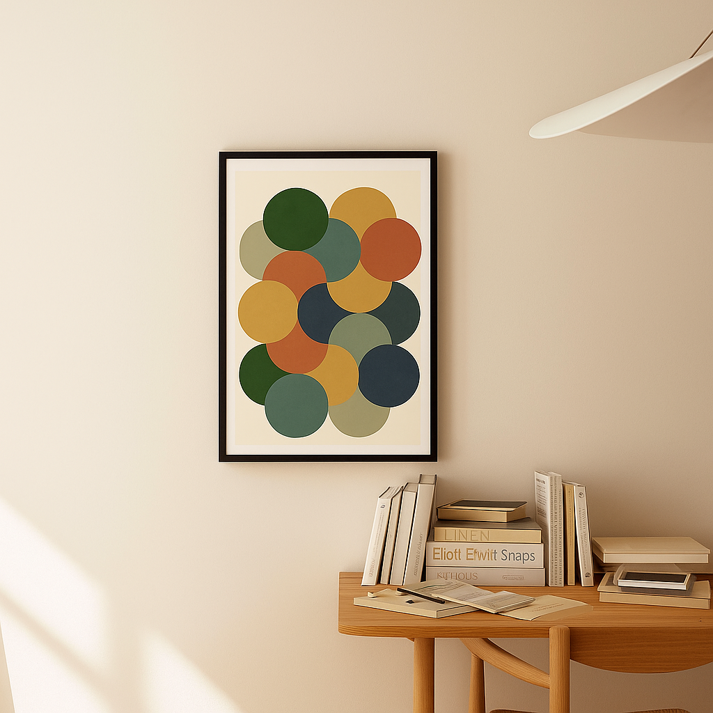 Abstract geometric art with overlapping circles in green, orange, mustard, navy, and sage on a cream background.