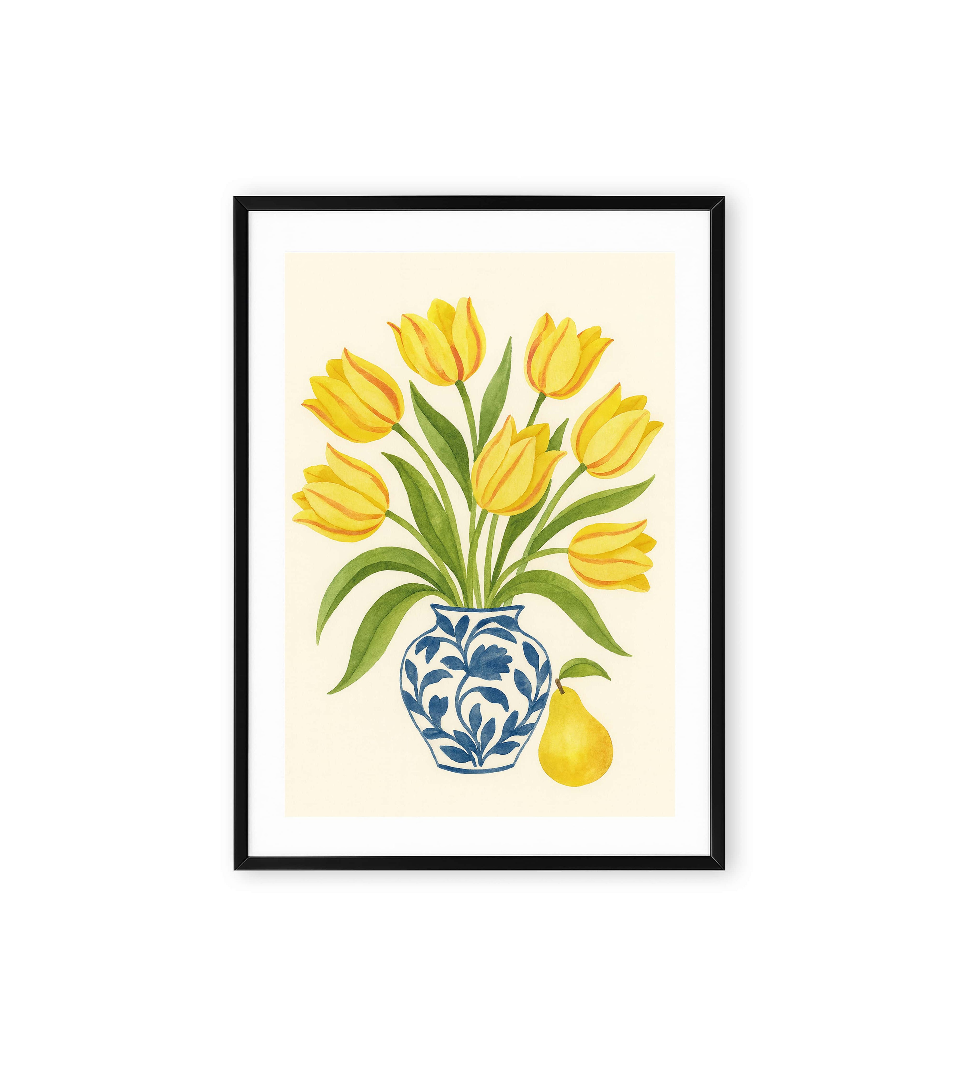 Yellow tulips in blue vase with pear watercolor artwork.