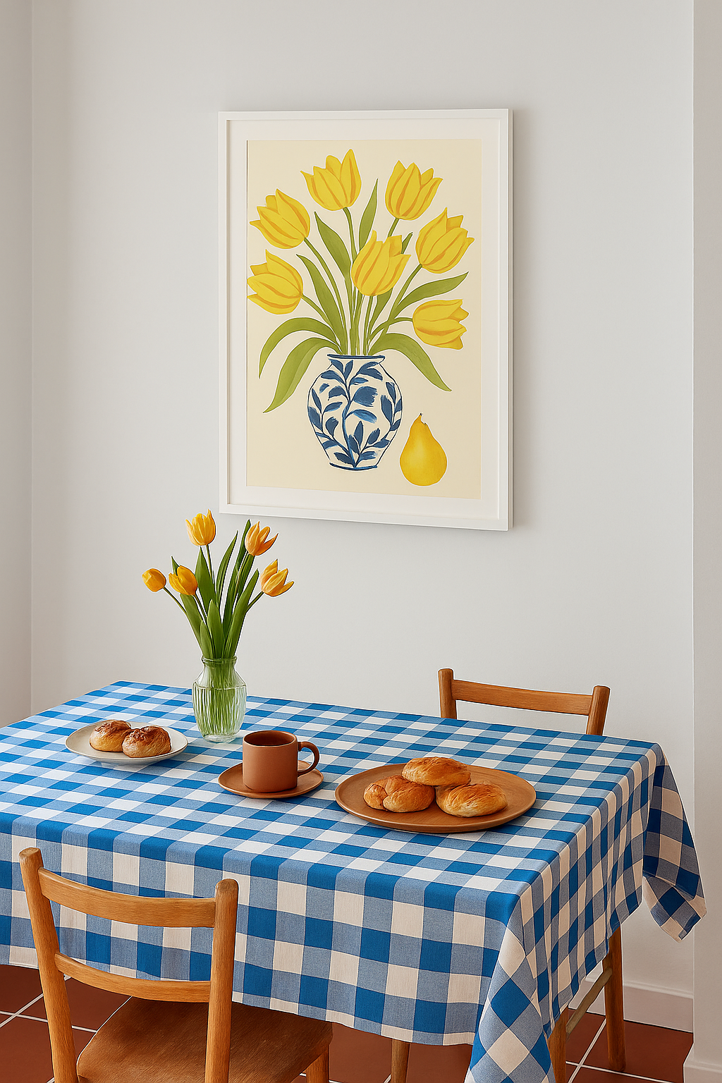 Yellow tulips in blue vase with pear watercolor artwork.