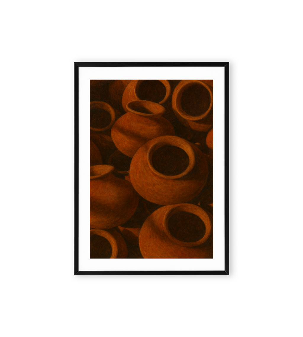 Abstract wall art showing multiple terracotta clay pots in warm earthy tones.