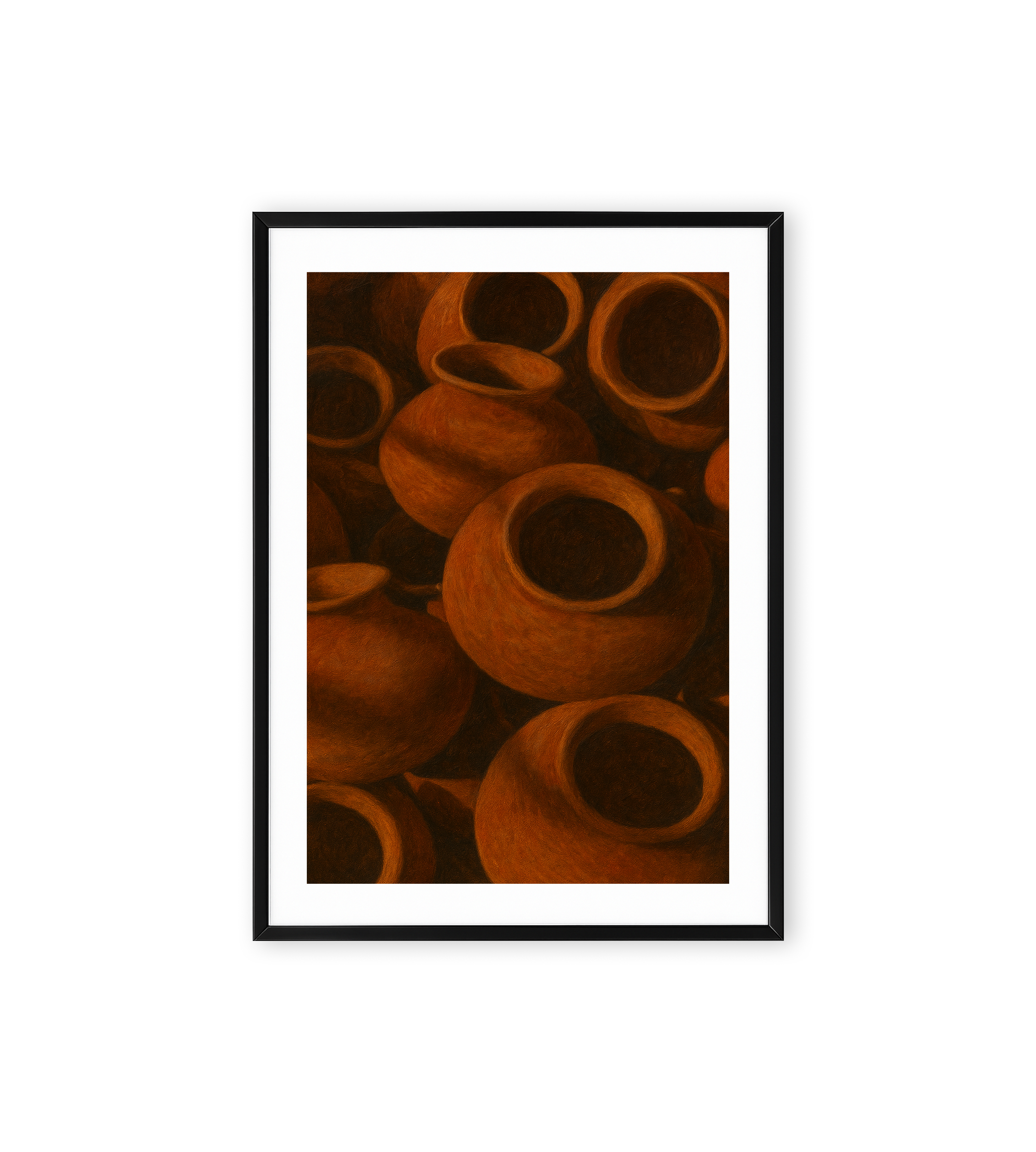 Abstract wall art showing multiple terracotta clay pots in warm earthy tones.