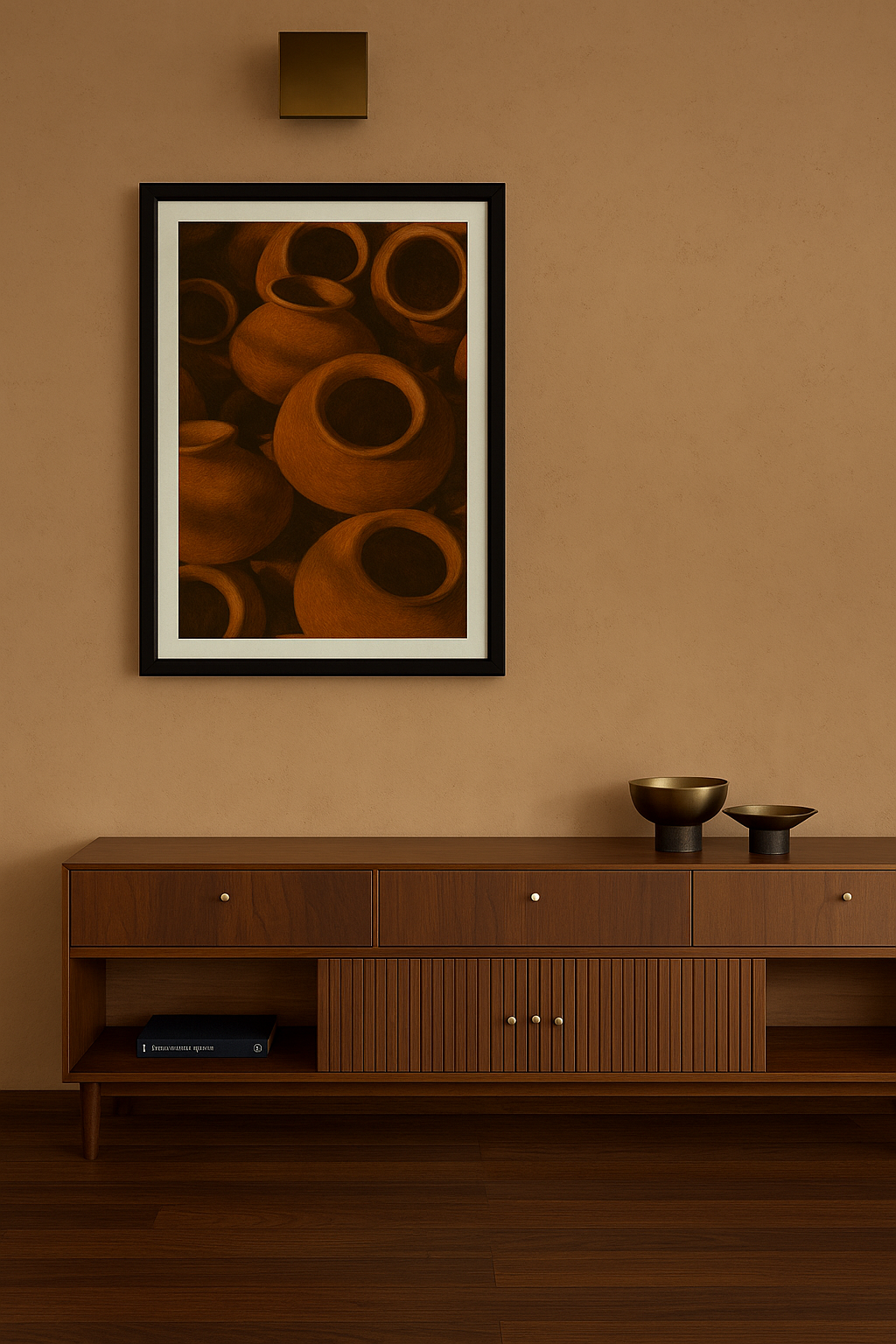 Abstract wall art showing multiple terracotta clay pots in warm earthy tones.