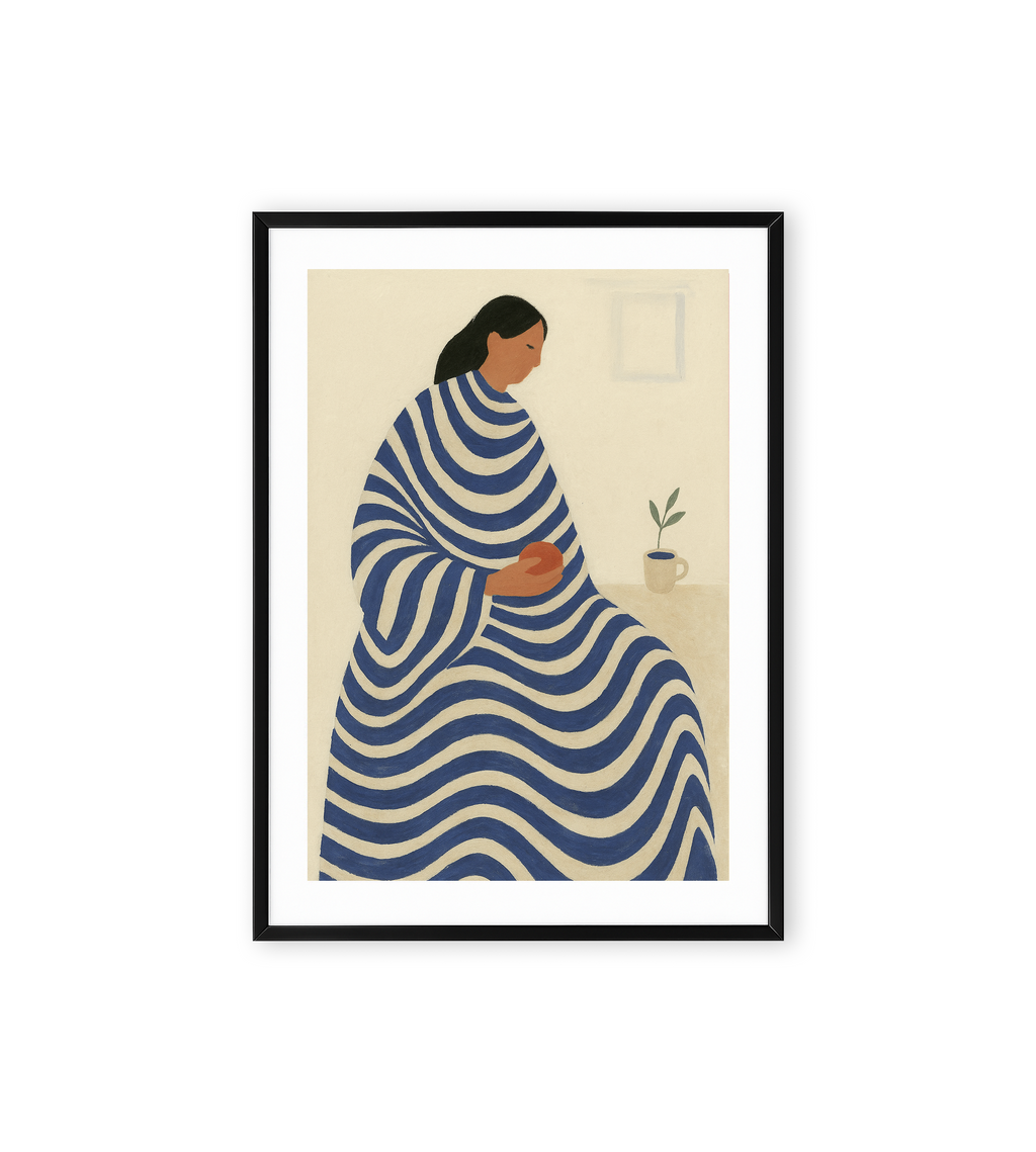 Framed artwork of a person wrapped in a blue and white striped garment on a beige background.