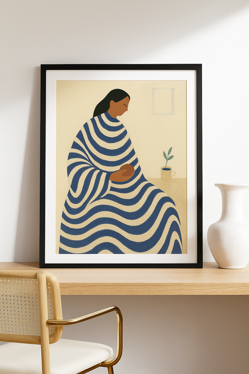 Modern wall print of a seated person in blue and cream striped clothing next to a potted plant on a beige background.