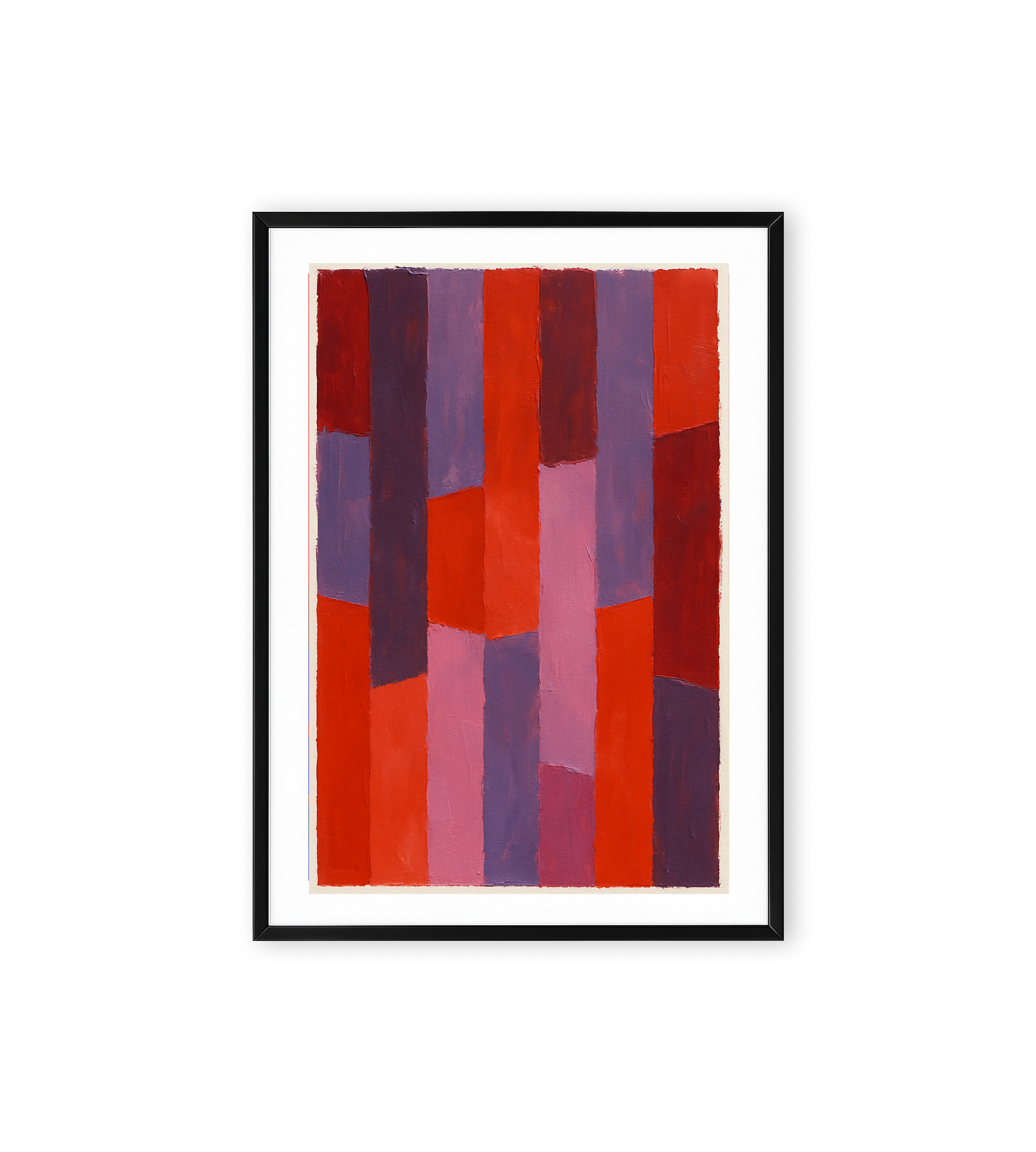 Abstract wall art with vertical geometric shapes in red, pink, and purple tones.