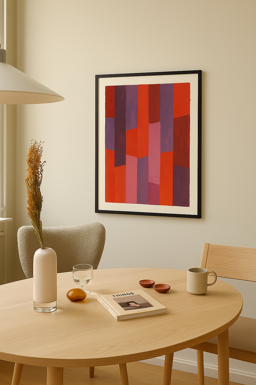 Abstract wall art with vertical geometric shapes in red, pink, and purple tones.