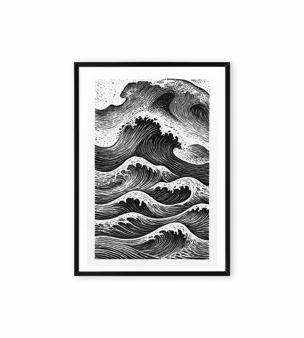 Black and white ocean wave print in linocut style.