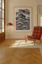 Black and white ocean wave print in linocut style.