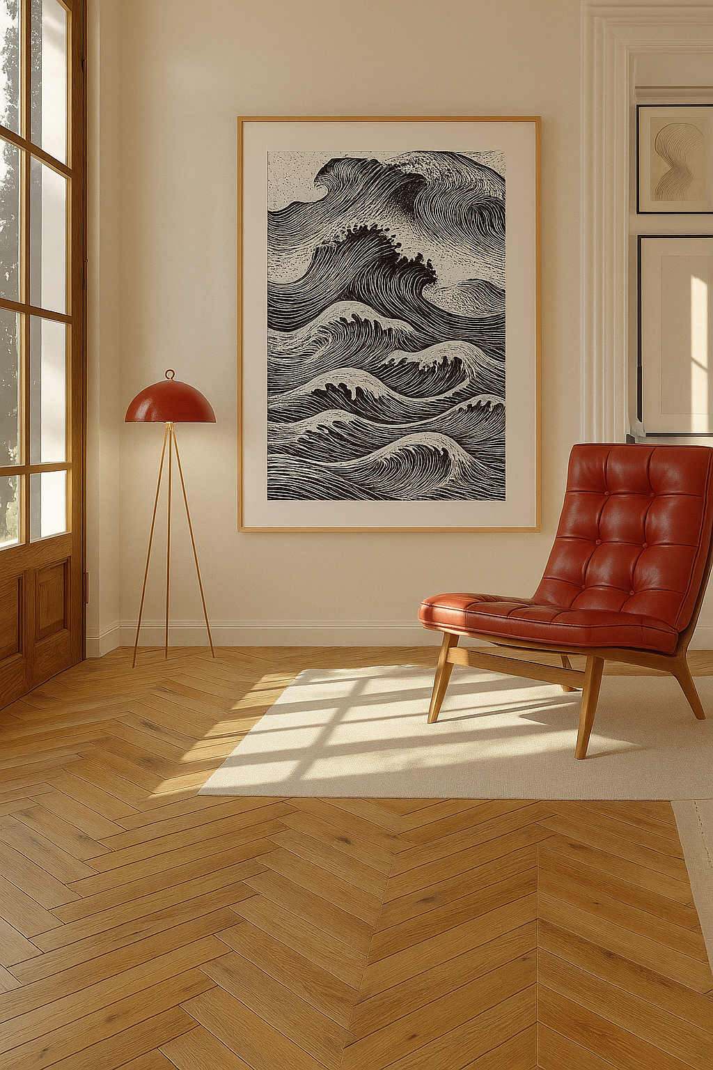 Black and white ocean wave print in linocut style.