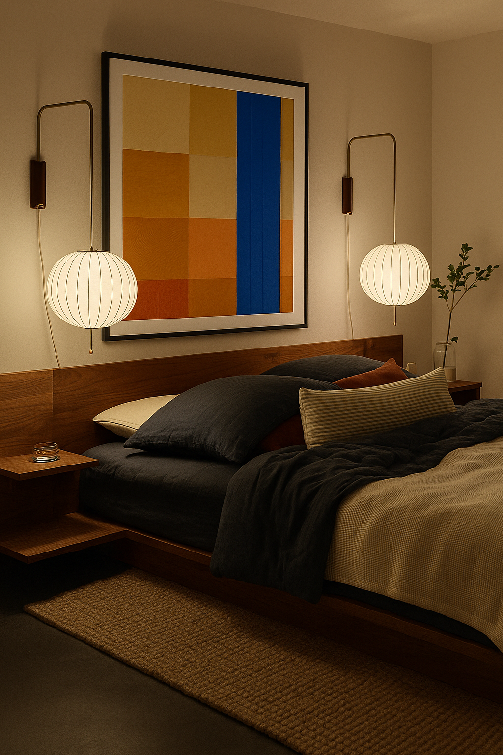 Abstract painting with orange squares and vertical blue stripe.