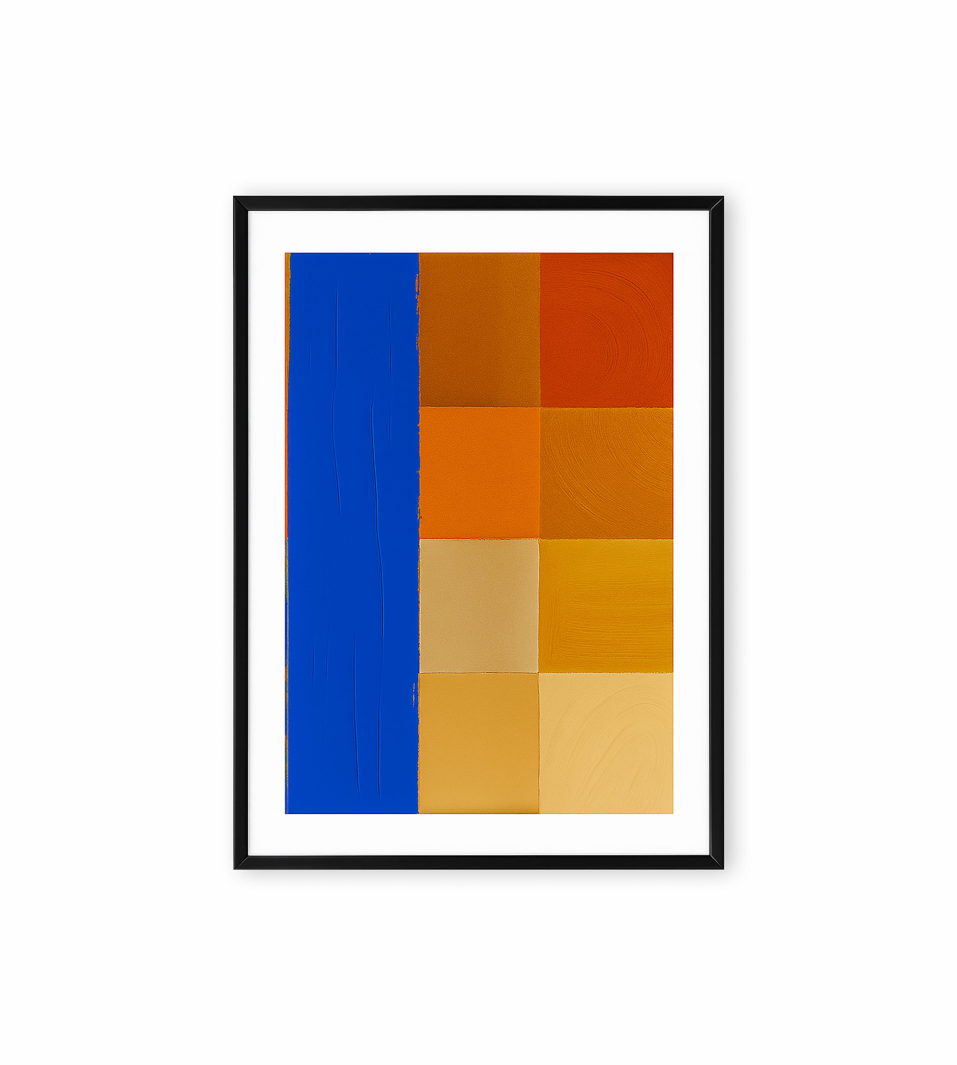 Abstract painting with orange squares and vertical blue stripe.