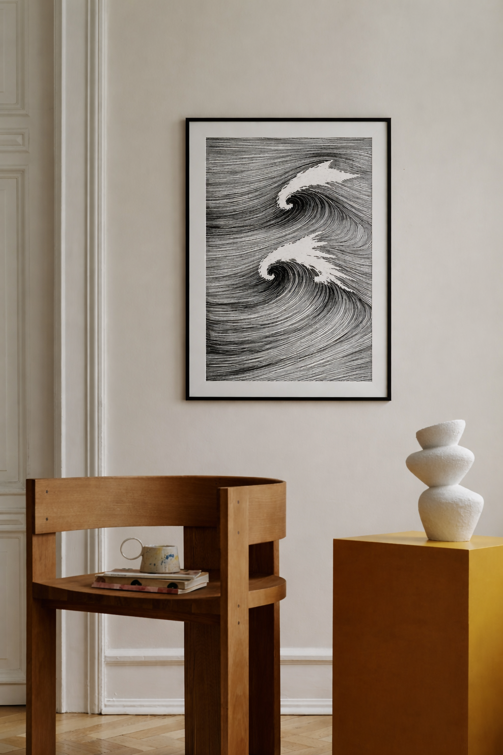 Monochrome ocean wave line art print