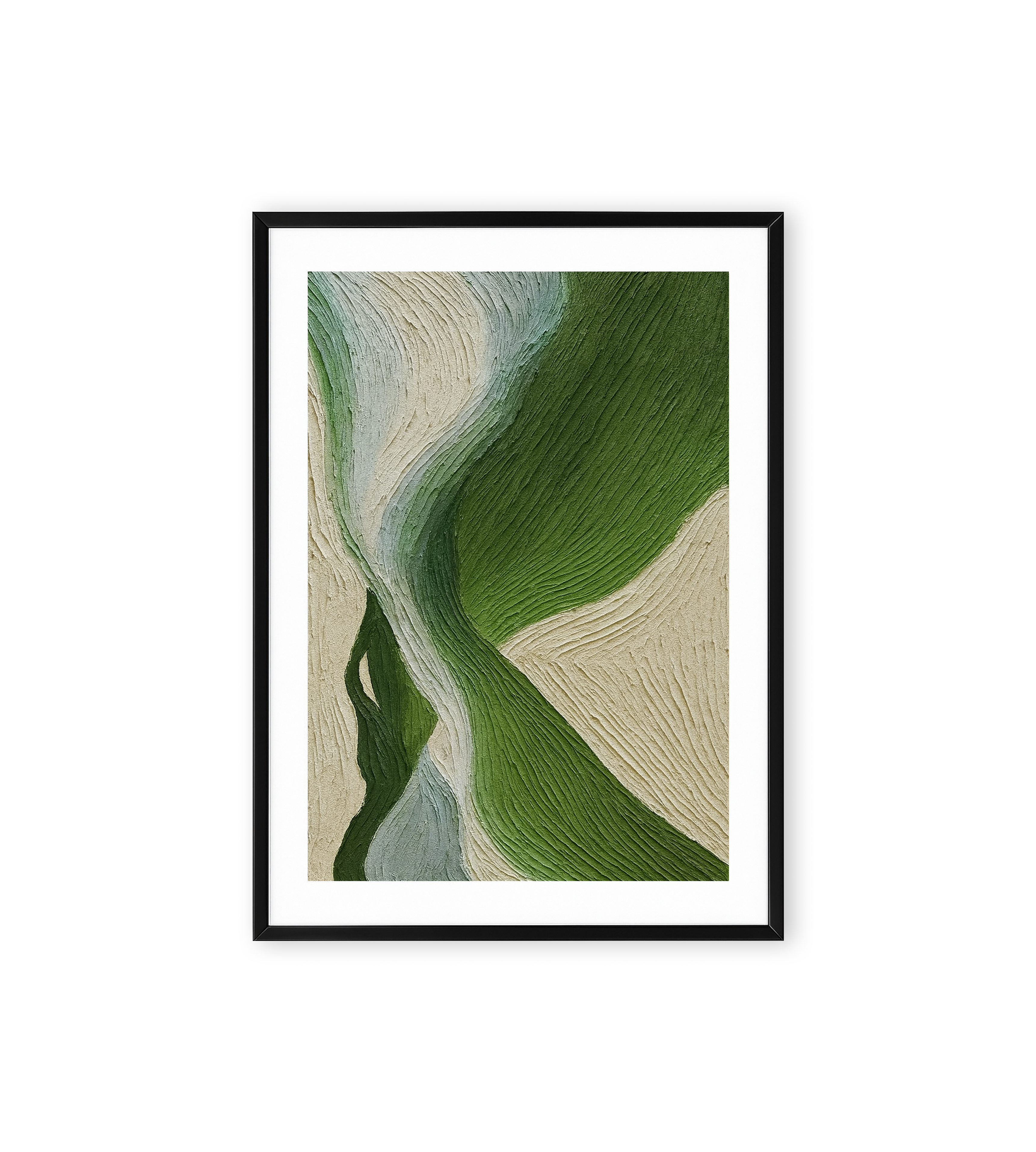 Abstract textured painting with flowing organic shapes in earthy green and beige tones, resembling natural river bends or topographic landscape patterns.