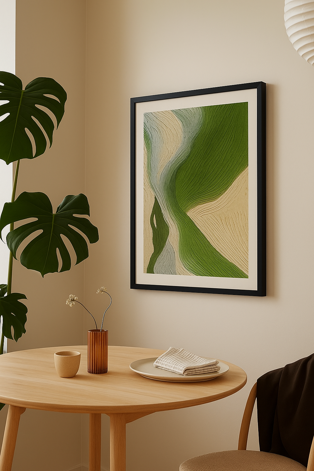 Abstract textured painting with flowing organic shapes in earthy green and beige tones, resembling natural river bends or topographic landscape patterns.