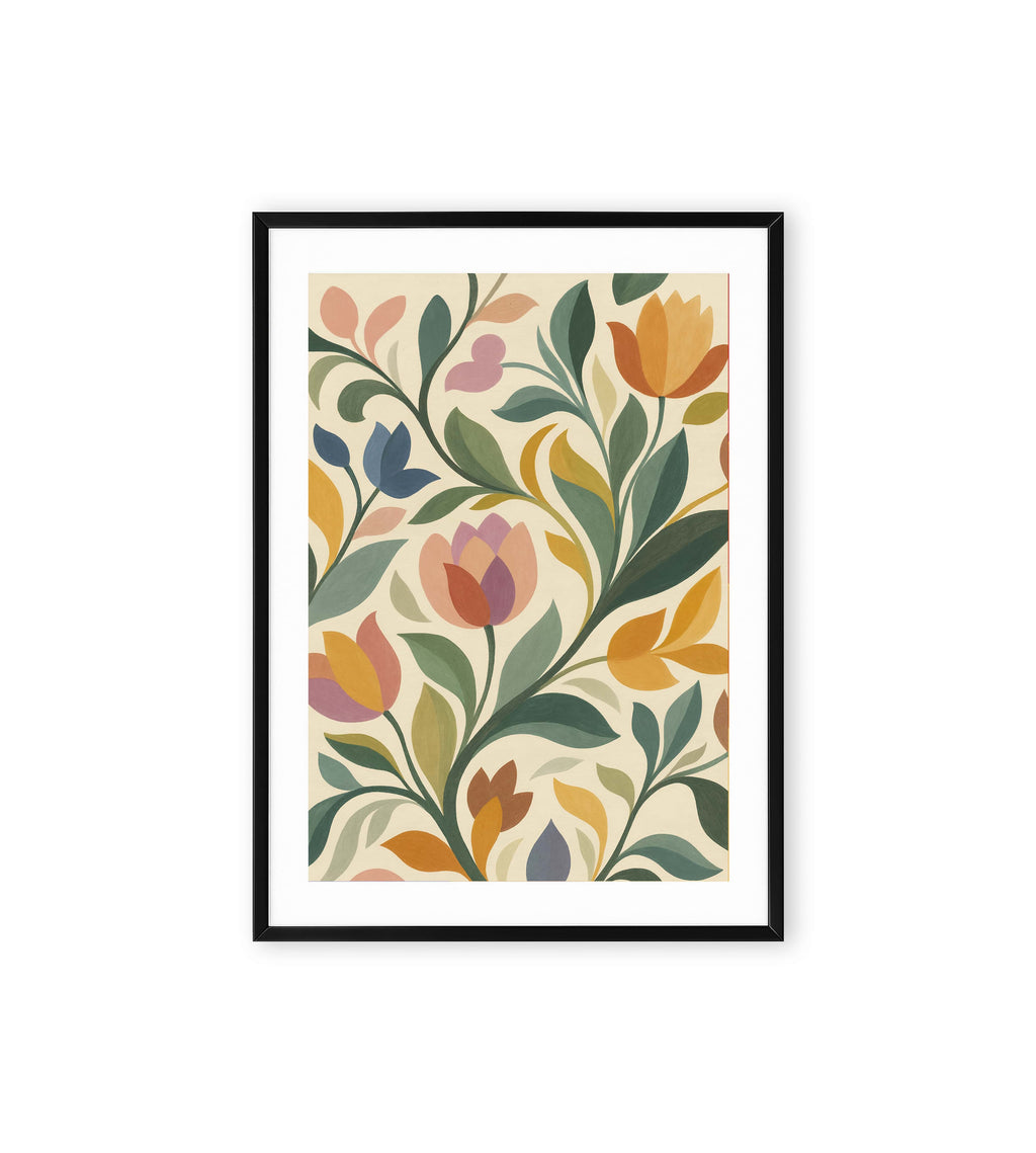 Colorful floral artwork with tulip flowers and green leaves on beige background.