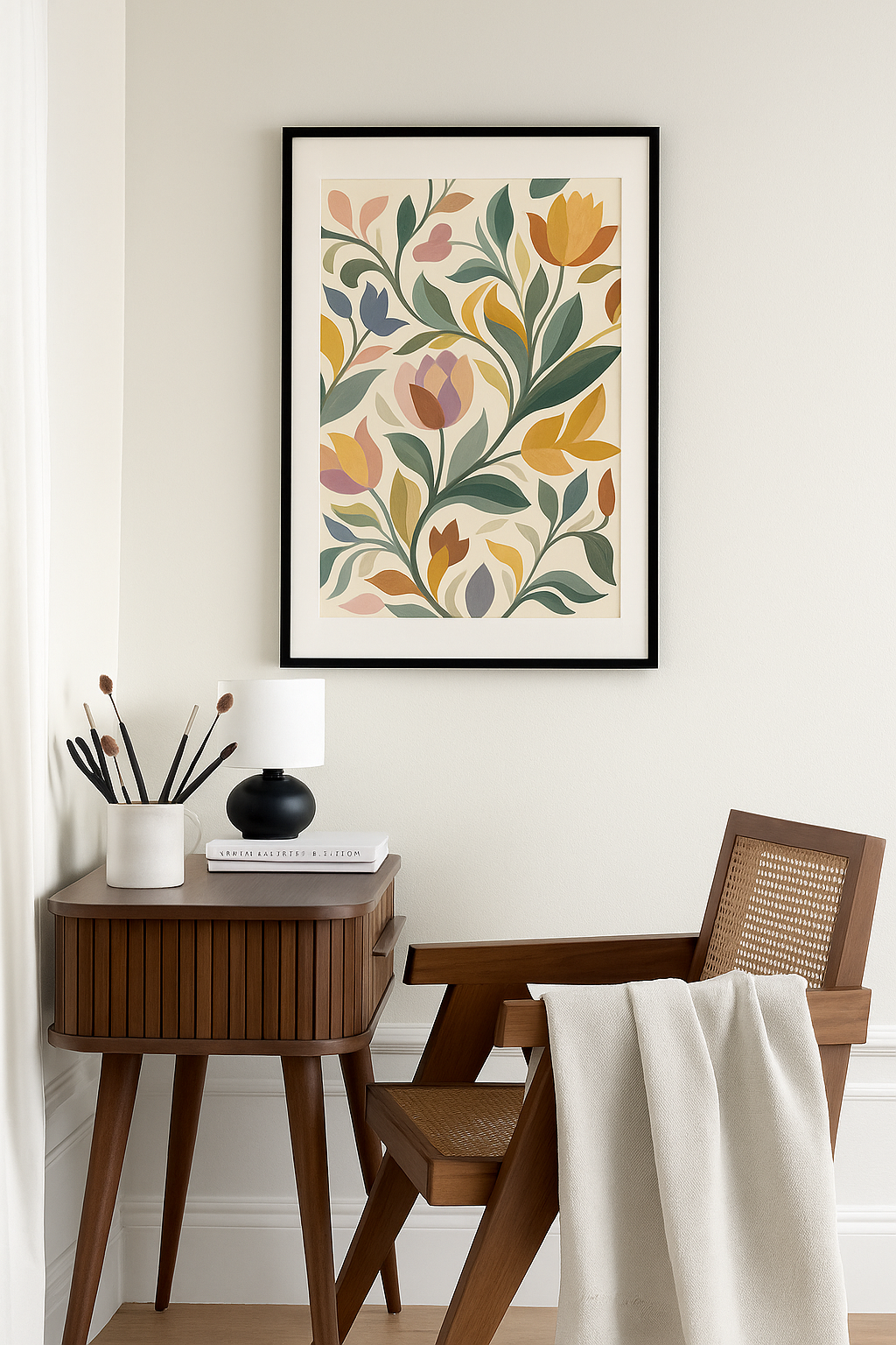 Colorful floral artwork with tulip flowers and green leaves on beige background.