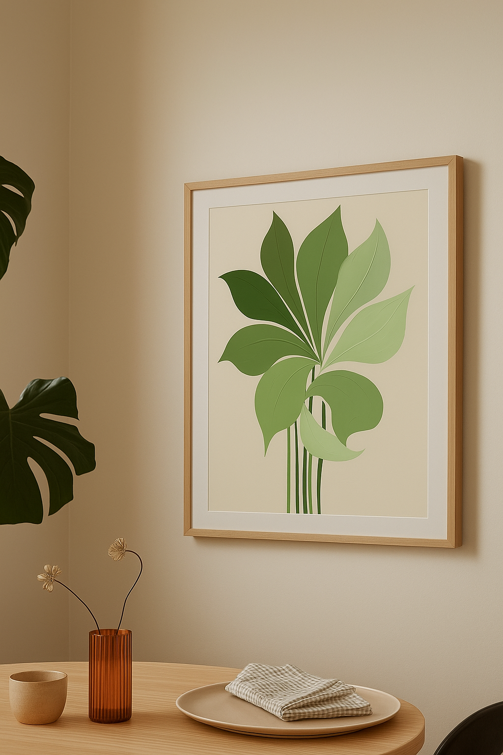 Green leaves artwork on beige background.