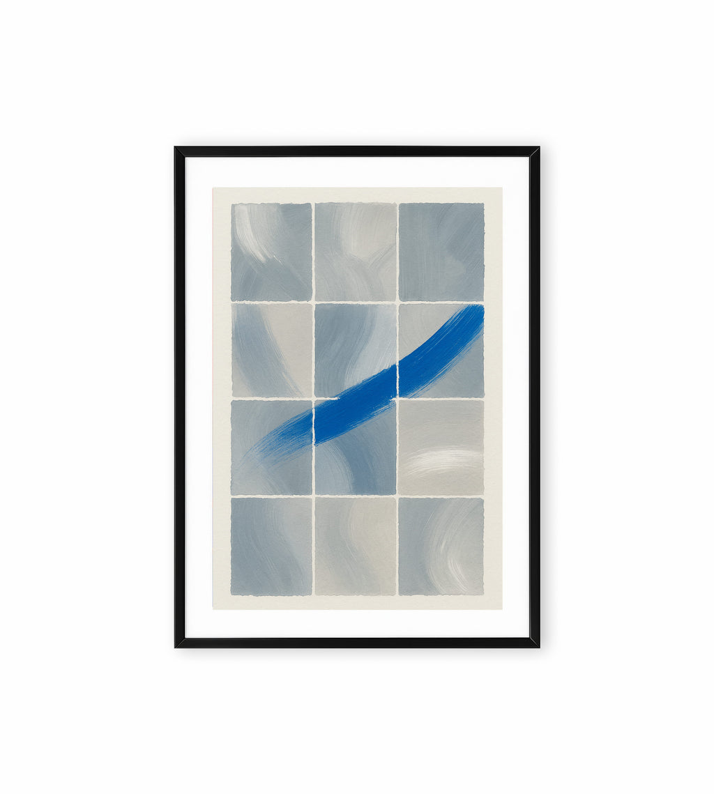Abstract painting with grey squares and blue brushstroke.