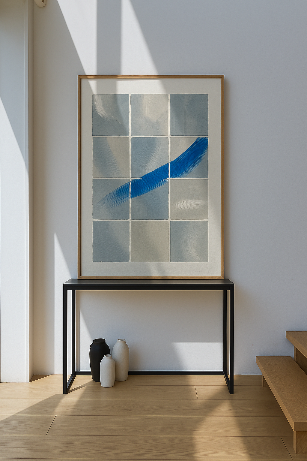 Abstract painting with grey squares and blue brushstroke.