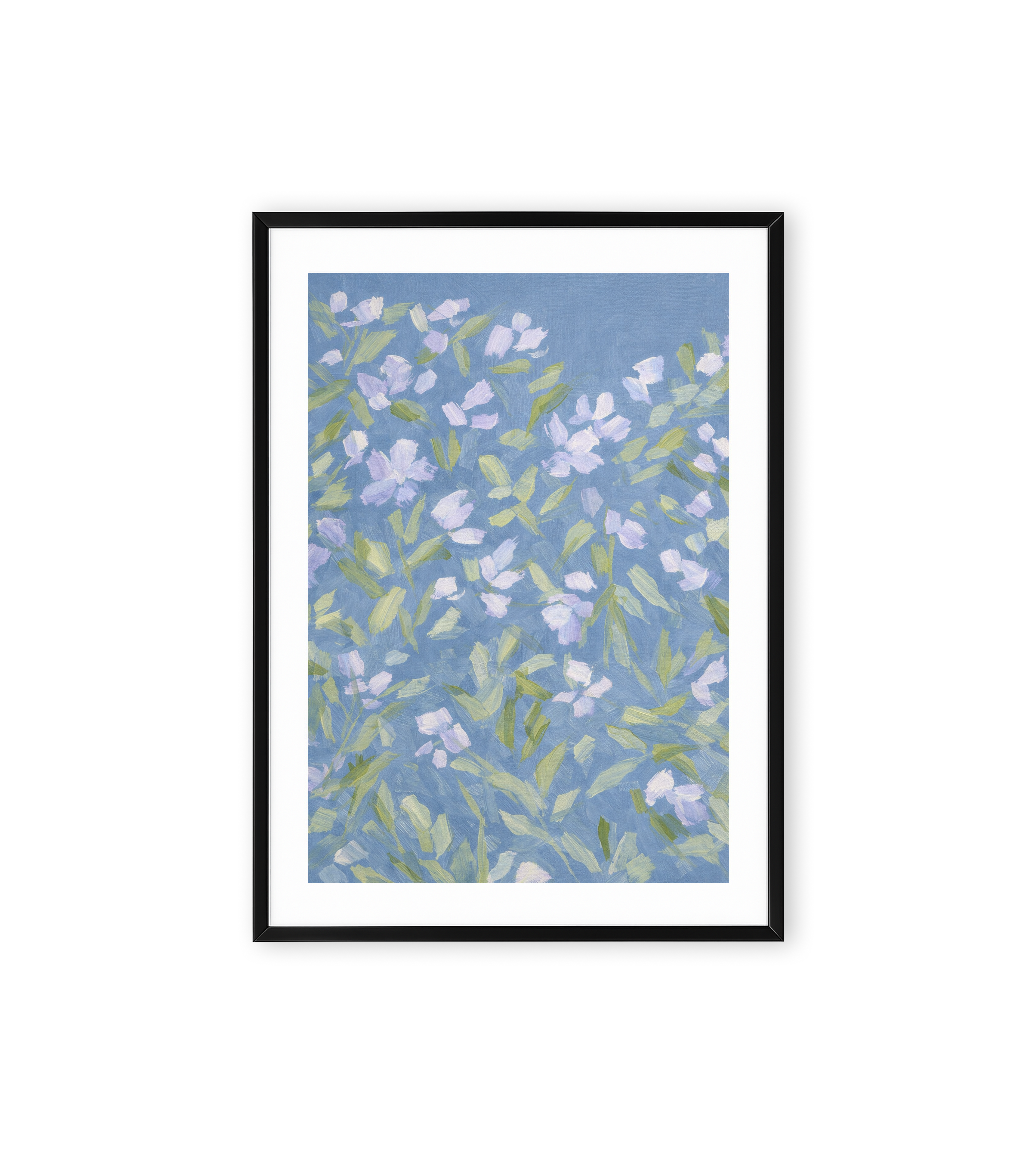 Blue botanical wall art with white and lavender flowers