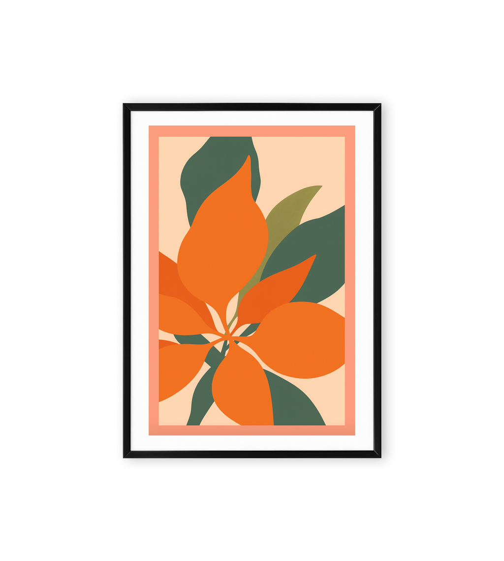 Abstract wall art with overlapping orange and green leaf shapes on a beige background.