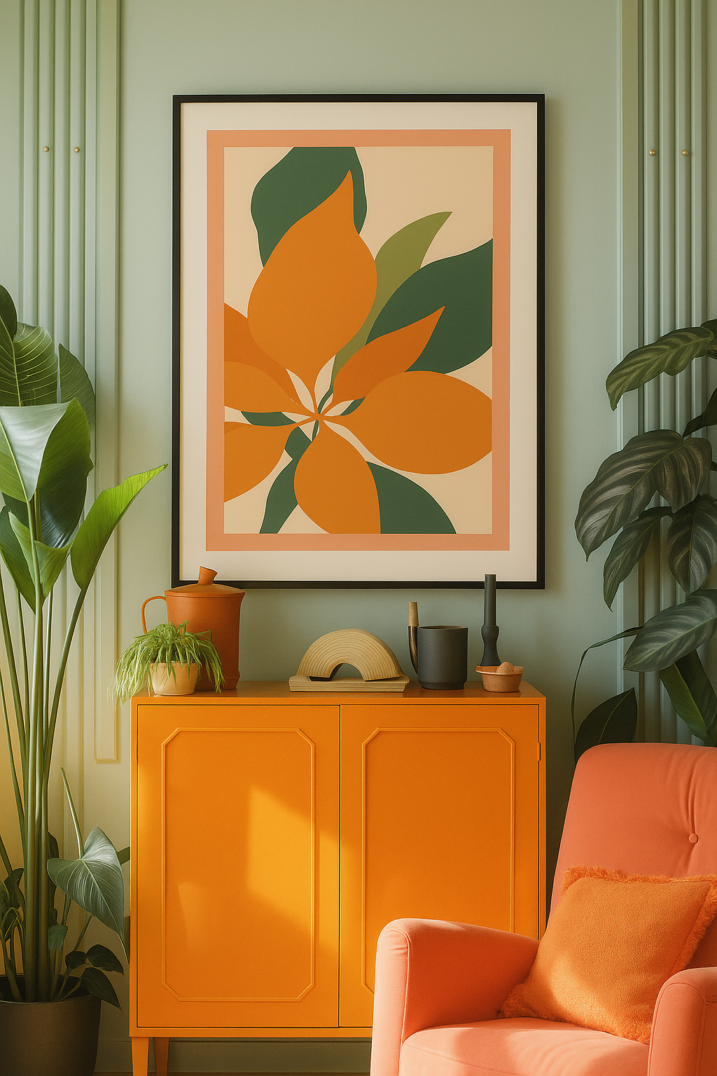 Abstract wall art with overlapping orange and green leaf shapes on a beige background.