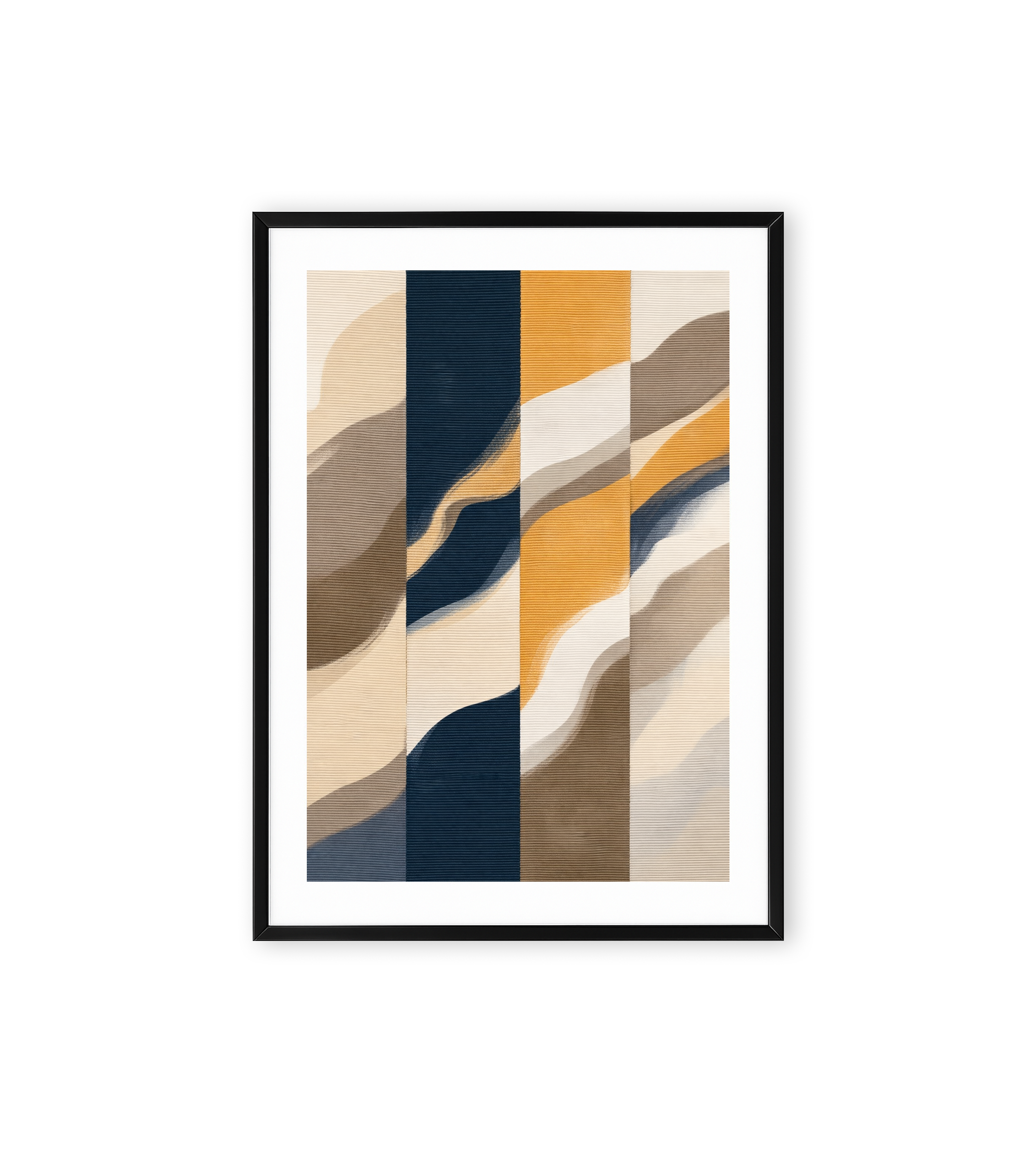 Navy and mustard abstract wall art with flowing wave stripes