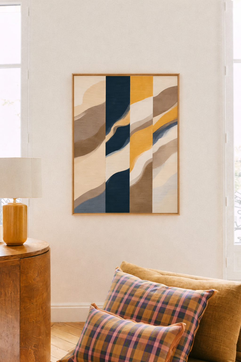 Navy and mustard abstract wall art with flowing wave stripes