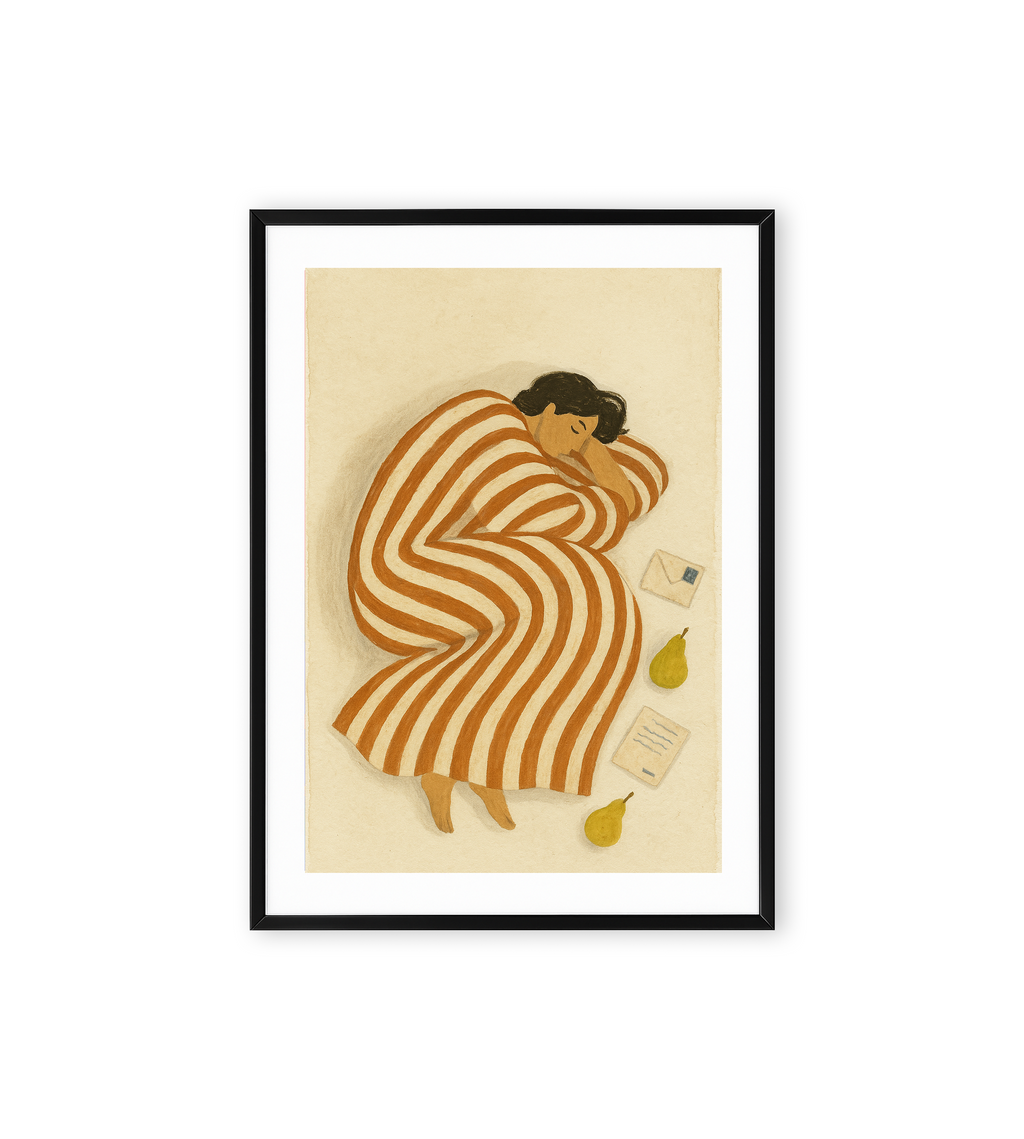 Minimalist wall art showing a person in a striped robe curled up and resting beside pears and letters.