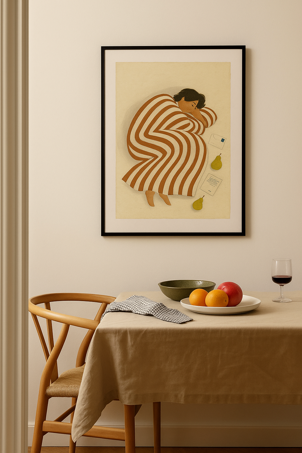 Minimalist wall art showing a person in a striped robe curled up and resting beside pears and letters.