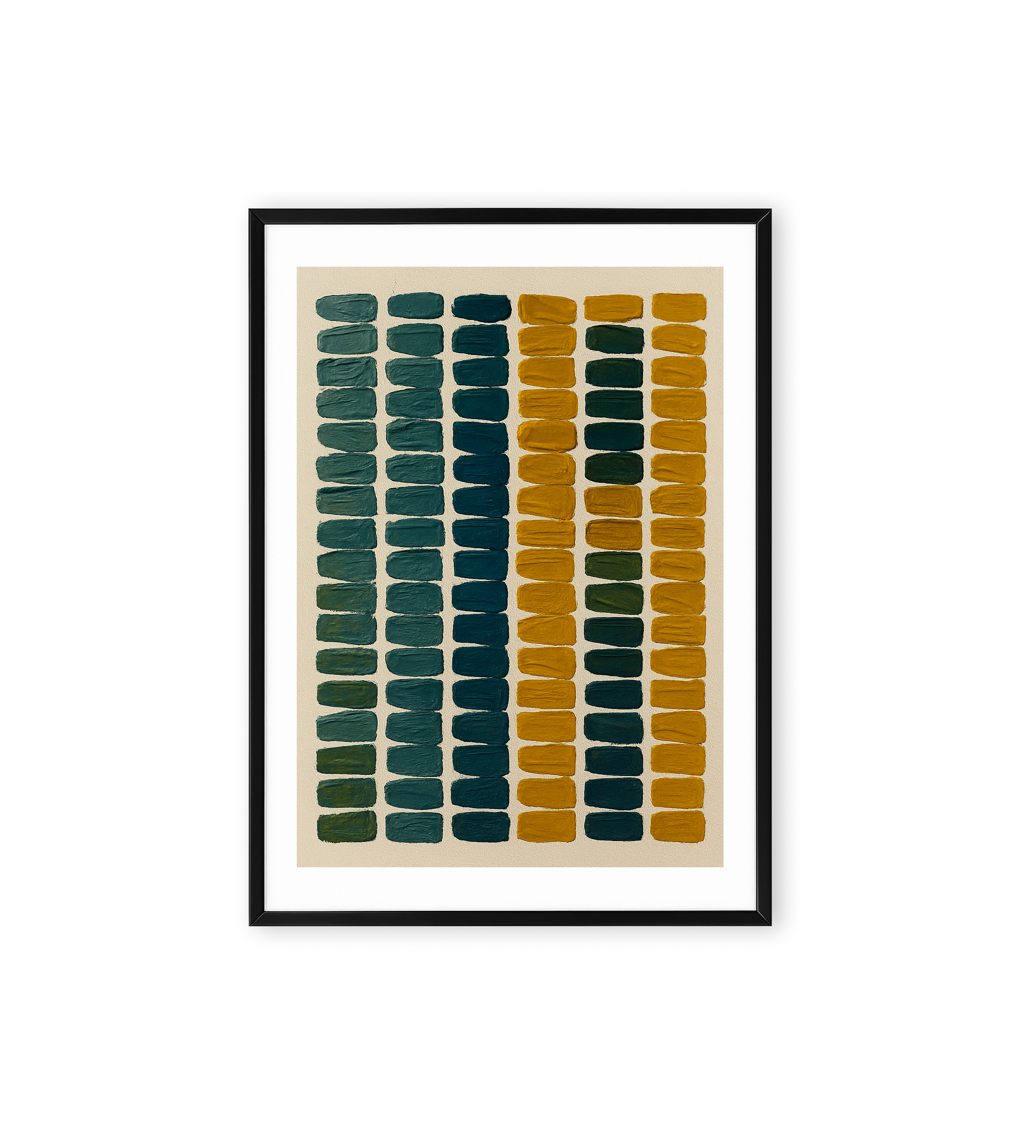 Abstract wall art with rows of teal and mustard rectangular brushstrokes on a beige background.