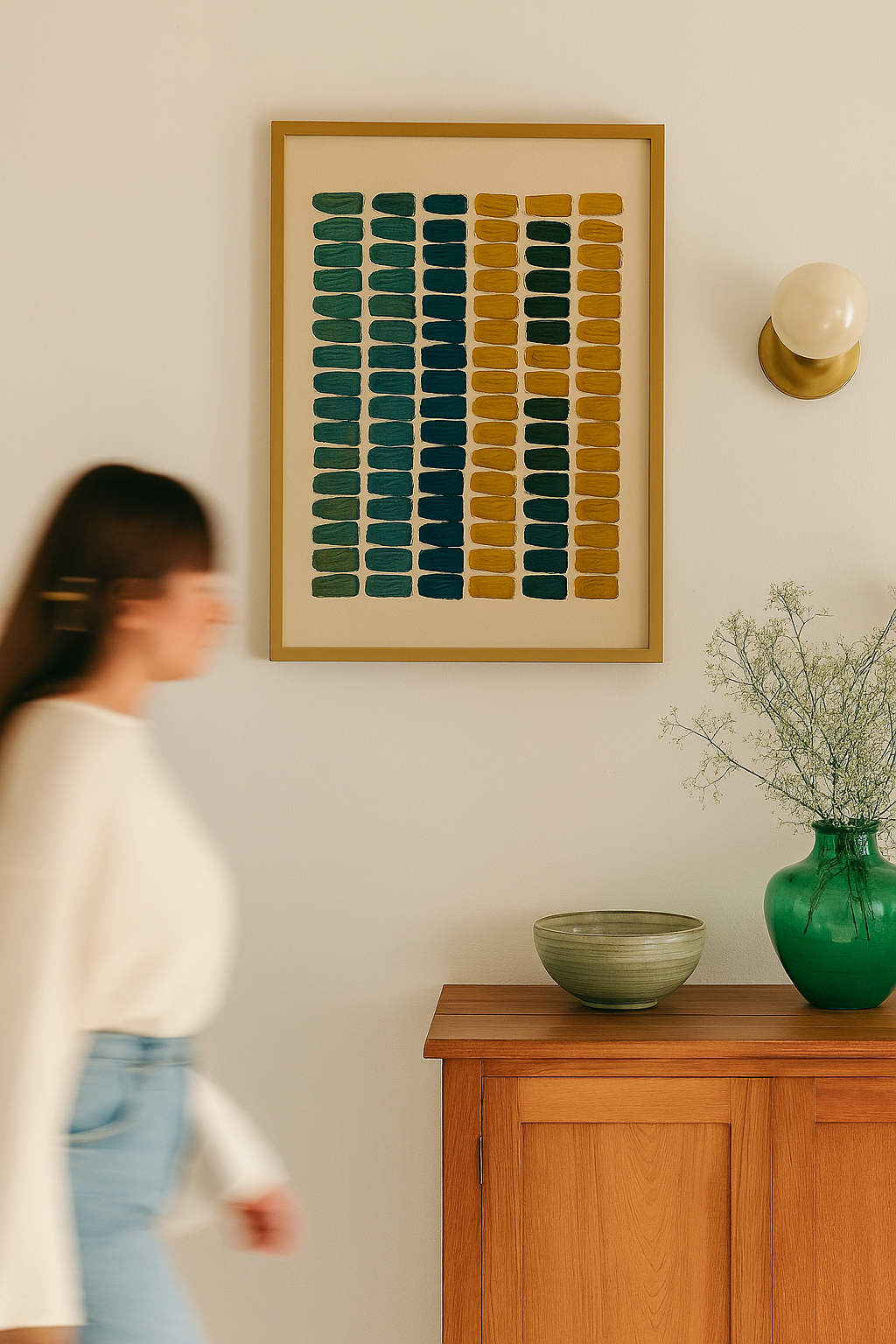 Abstract wall art with rows of teal and mustard rectangular brushstrokes on a beige background.