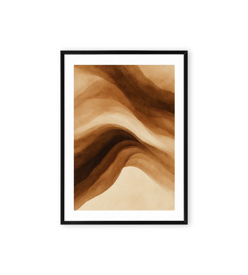 Abstract painting with layered flowing waves in warm brown and beige tones.