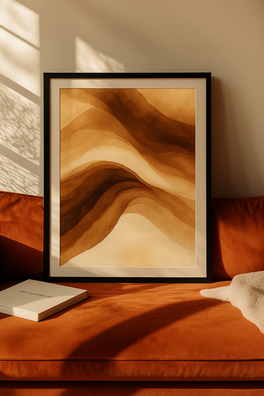 Abstract painting with layered flowing waves in warm brown and beige tones.