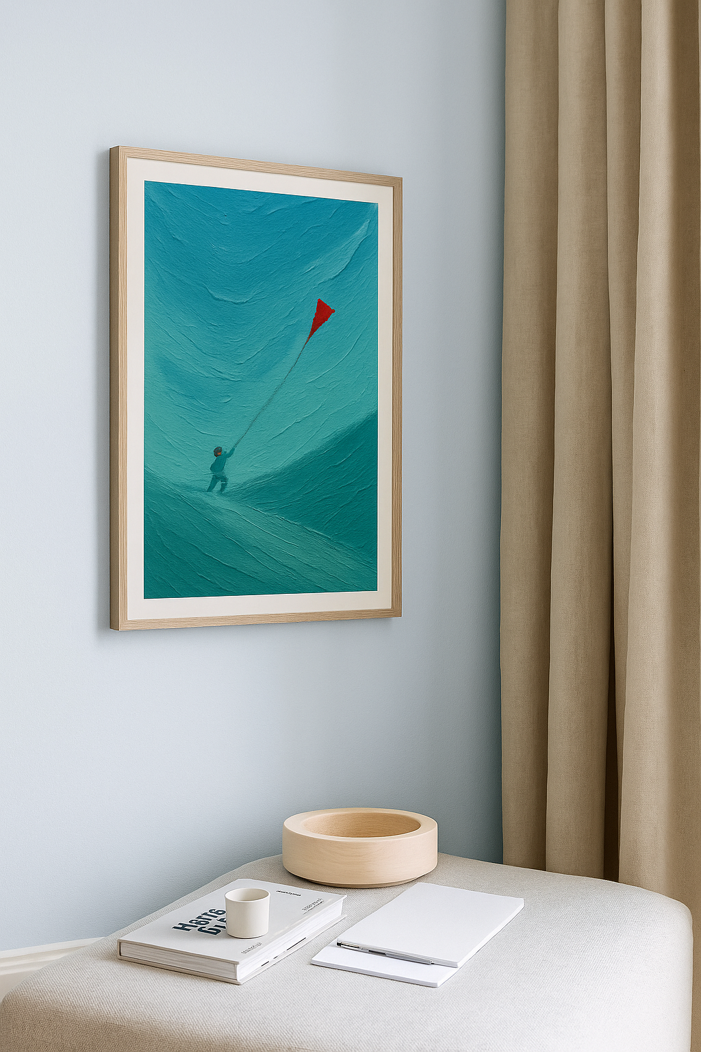 Child flying red kite in blue sky painting.