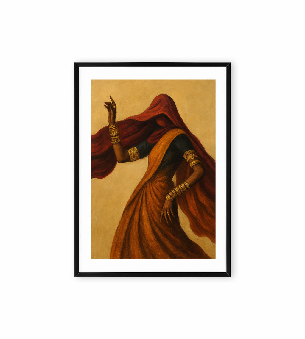 Painting of a woman in orange sari with gold bangles and red veil.