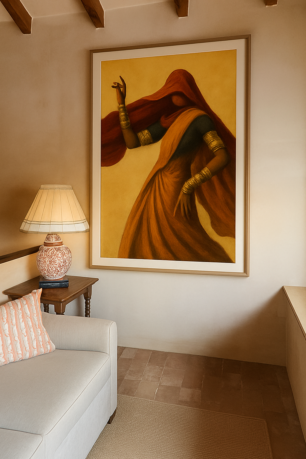 Painting of a woman in orange sari with gold bangles and red veil.