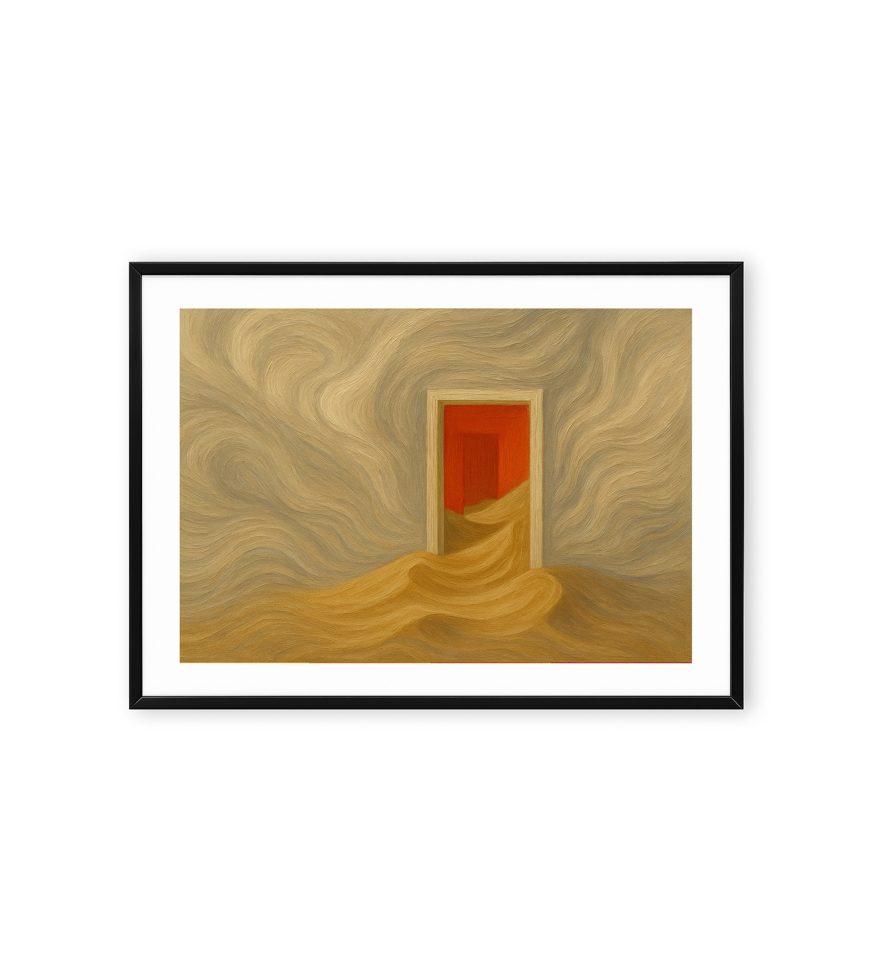 Surreal abstract painting with golden swirling sand flowing through an open doorway into a bright red room, creating a dreamlike atmosphere.