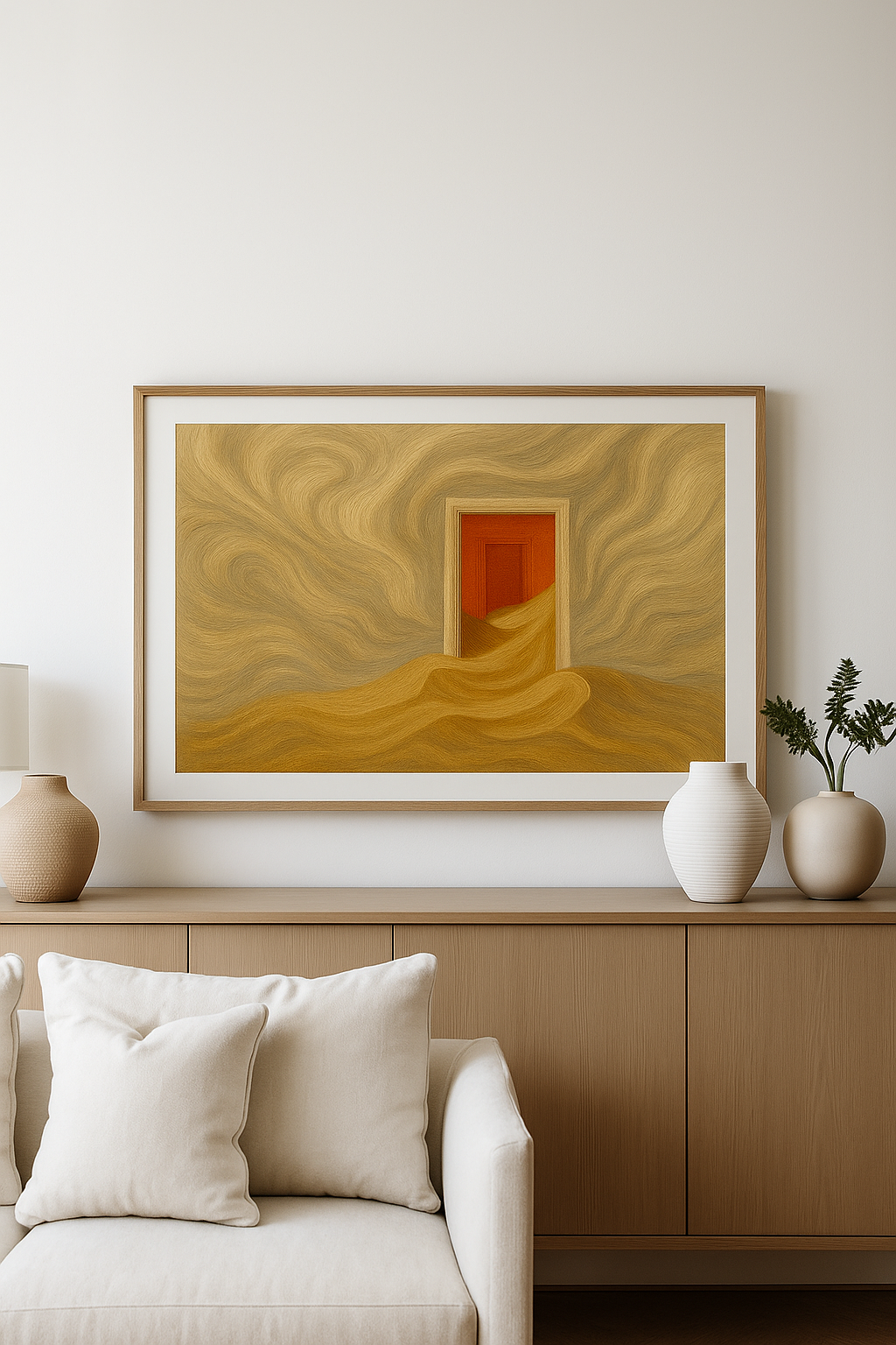 Surreal abstract painting with golden swirling sand flowing through an open doorway into a bright red room, creating a dreamlike atmosphere.
