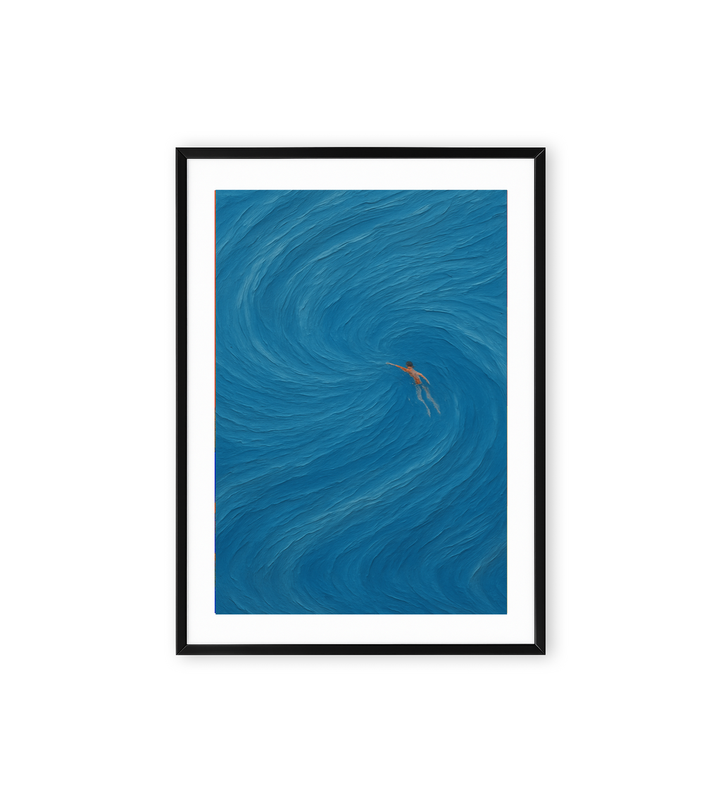 Wall art of a person swimming in swirling blue water with abstract ocean textures.