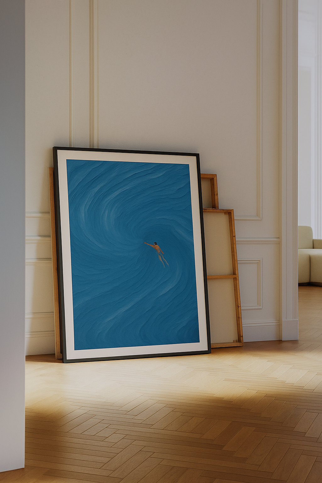 Wall art of a person swimming in swirling blue water with abstract ocean textures.